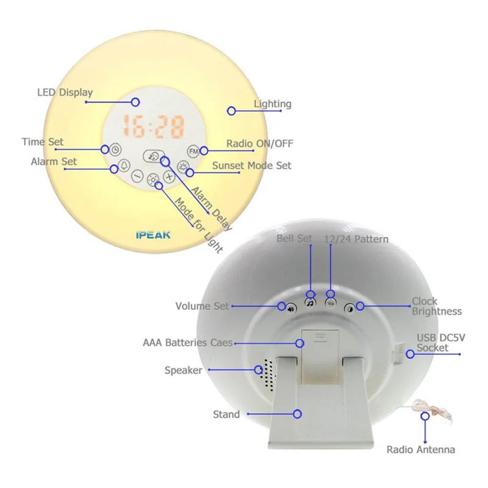 Touch Sensing Digital Alarm Clock Sunrise Simulation LED Wake Up Light with FM Radio Colorful Light - EU Plug - 4