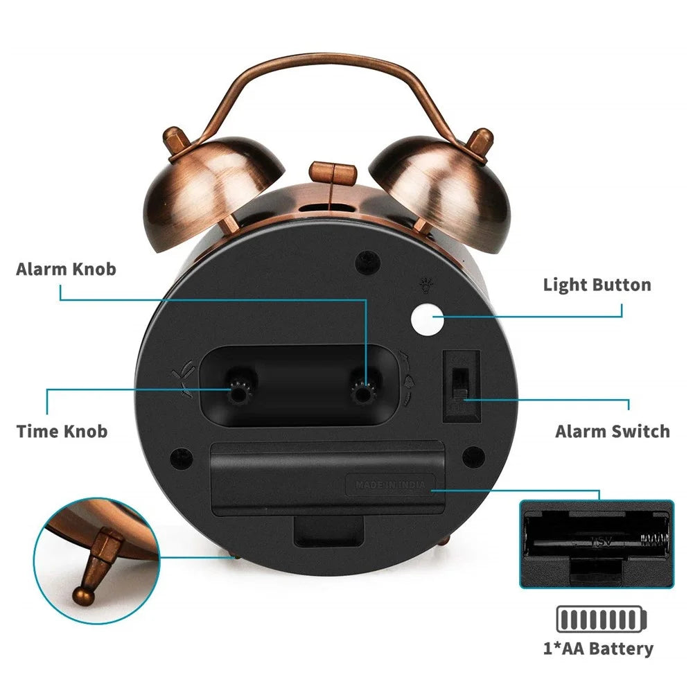 Retro Metal Plating Battery Powered Silent Non-Ticking Quartz Twin Bell Alarm Clock - Gold - 3