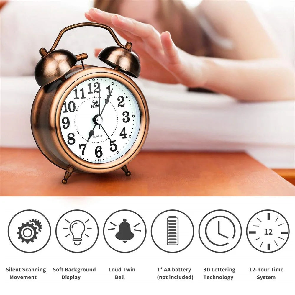 Retro Metal Plating Battery Powered Silent Non-Ticking Quartz Twin Bell Alarm Clock - Gold - 5