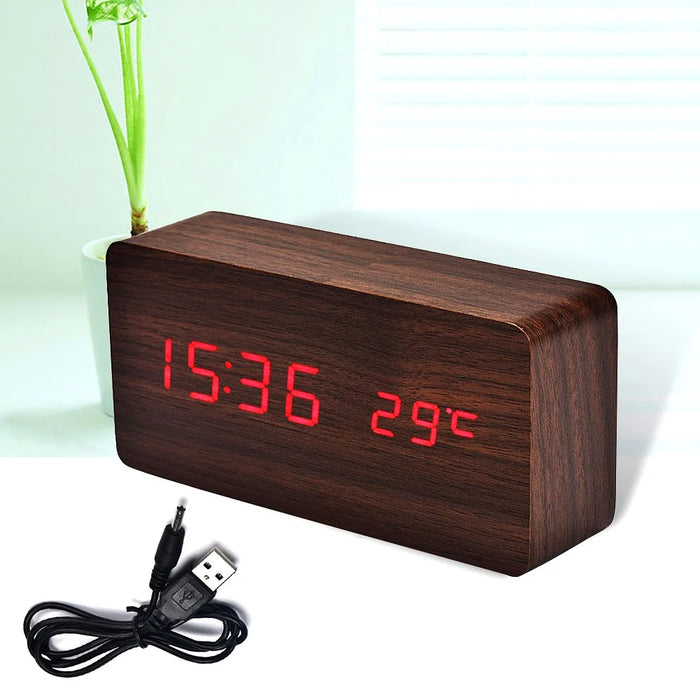 Voice Control Creative Wooden LED Alarm Clock with Temperature Display Table Clock - Coffee / Red LED Numbers - 1
