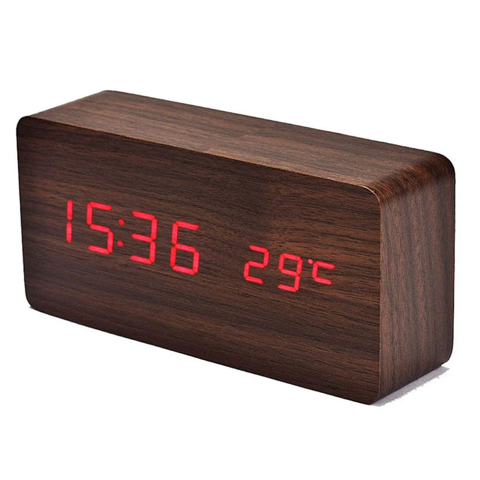 Voice Control Creative Wooden LED Alarm Clock with Temperature Display Table Clock - Coffee / Red LED Numbers - 2