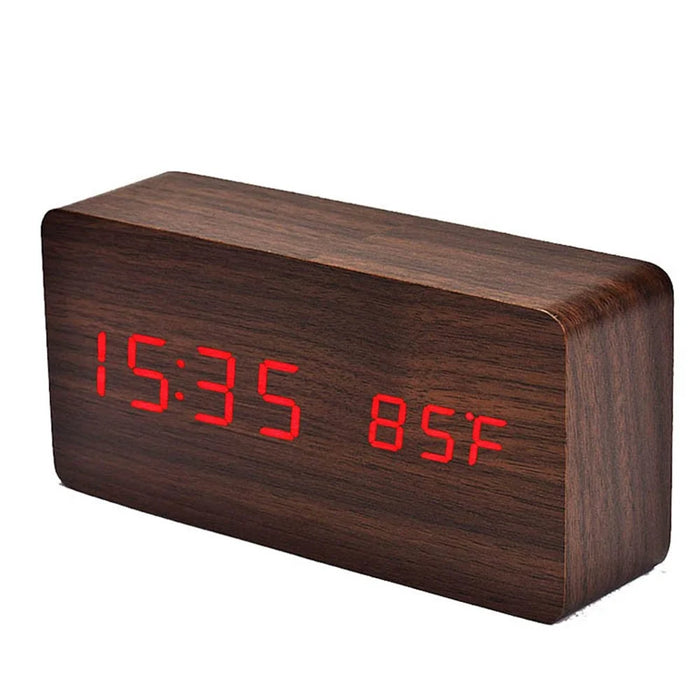 Voice Control Creative Wooden LED Alarm Clock with Temperature Display Table Clock - Coffee / Red LED Numbers - 4