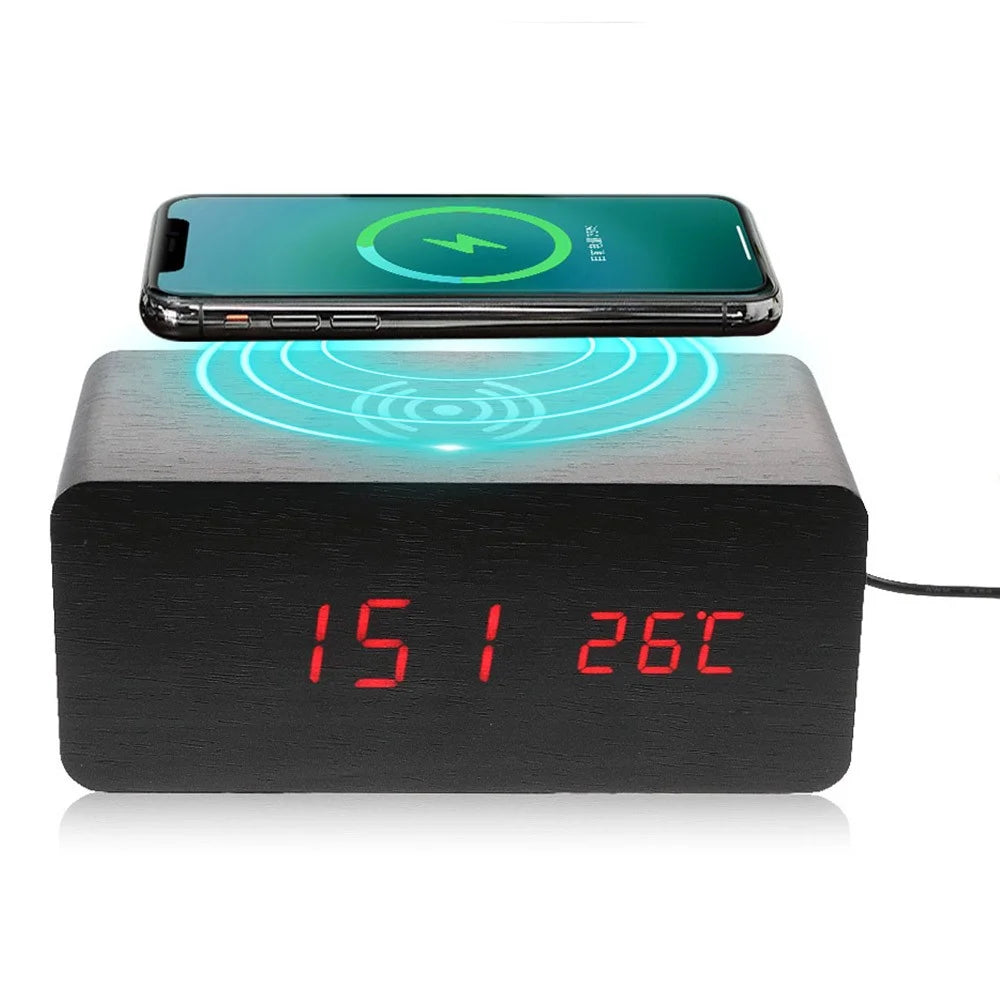 Wooden Alarm Clock with Qi Wireless Charger Sound Control LED Digital Clock Temperature Display - Black - 1