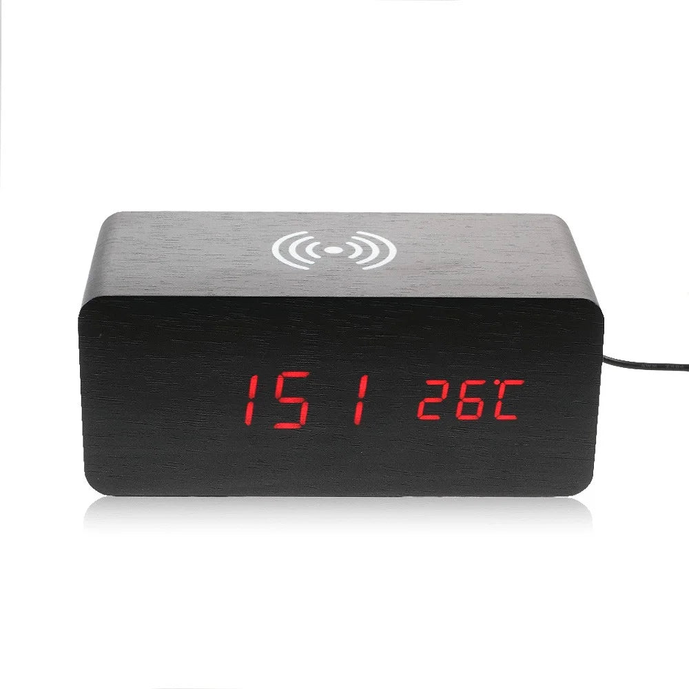 Wooden Alarm Clock with Qi Wireless Charger Sound Control LED Digital Clock Temperature Display - Black - 2