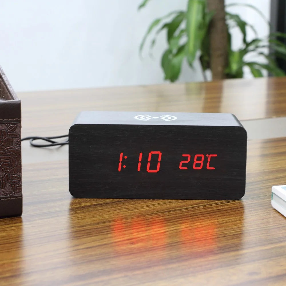 Wooden Alarm Clock with Qi Wireless Charger Sound Control LED Digital Clock Temperature Display - Black - 3