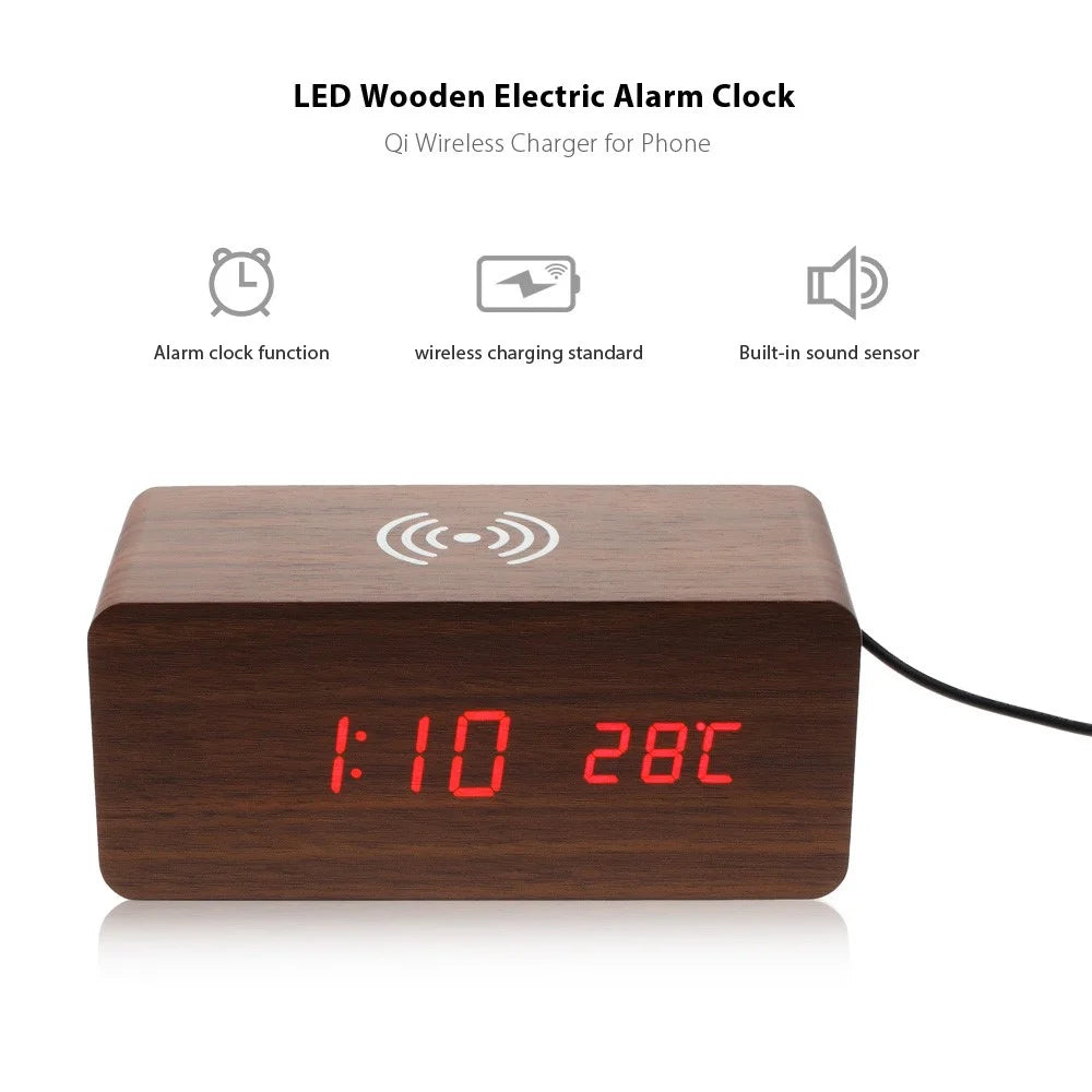 Wooden Alarm Clock with Qi Wireless Charger Sound Control LED Digital Clock Temperature Display - Black - 4
