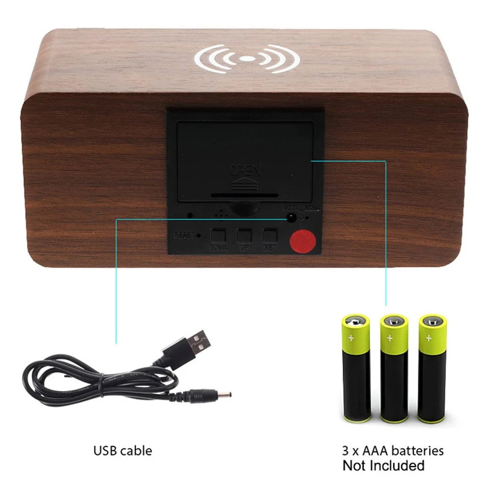 Wooden Alarm Clock with Qi Wireless Charger Sound Control LED Digital Clock Temperature Display - Black - 6