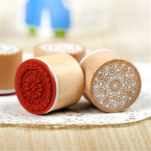 6Pcs/Set Round Retro Wood Seals Stamps Lace Pattern Design - 1