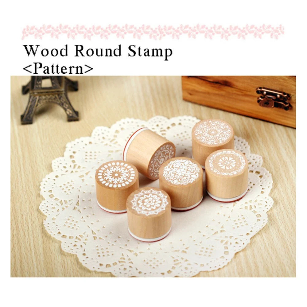 6Pcs/Set Round Retro Wood Seals Stamps Lace Pattern Design - 2