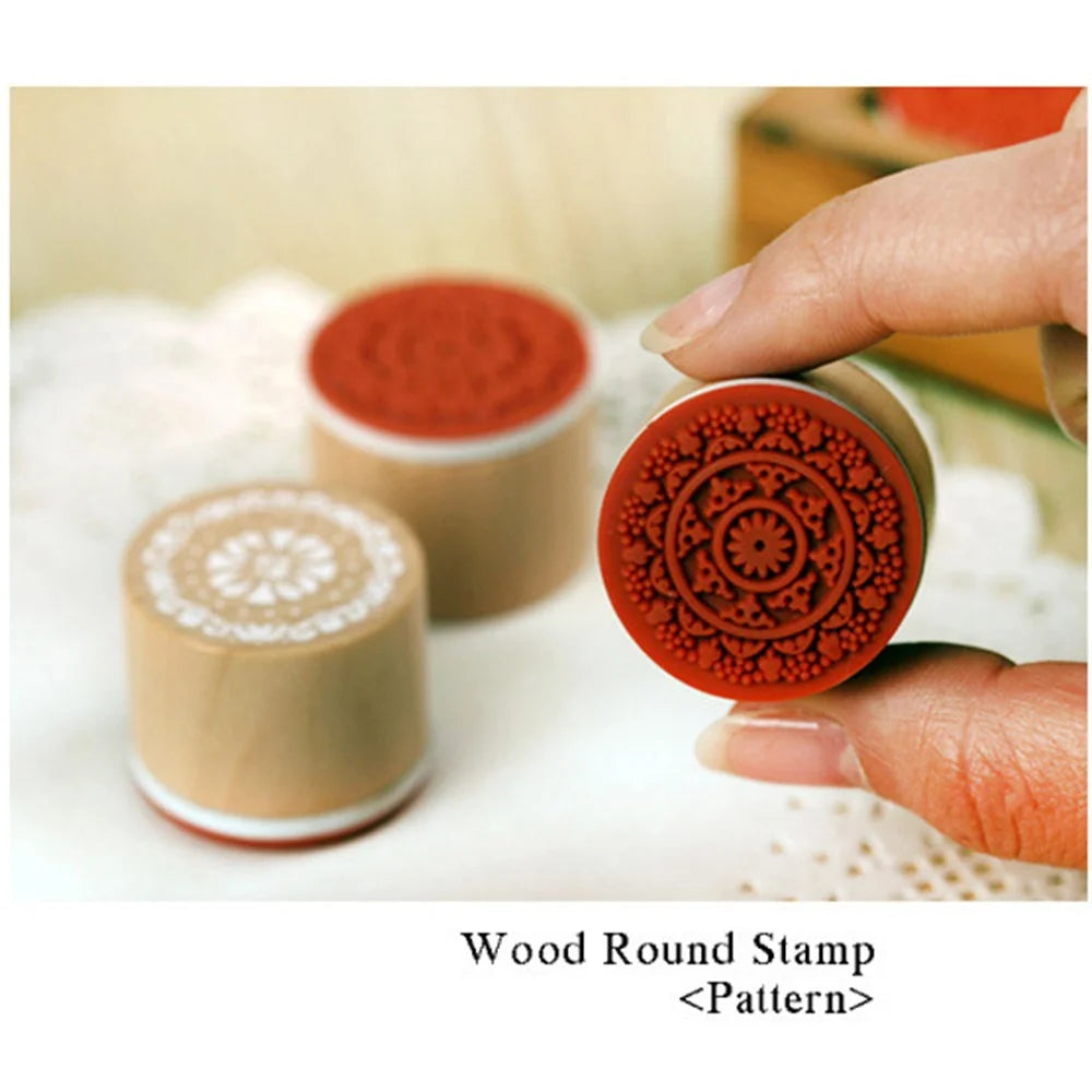 6Pcs/Set Round Retro Wood Seals Stamps Lace Pattern Design - 3
