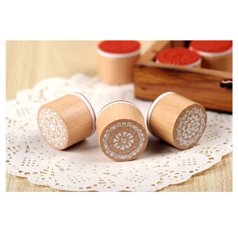 6Pcs/Set Round Retro Wood Seals Stamps Lace Pattern Design - 4