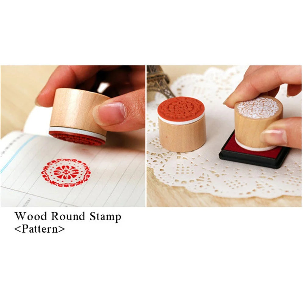 6Pcs/Set Round Retro Wood Seals Stamps Lace Pattern Design - 6