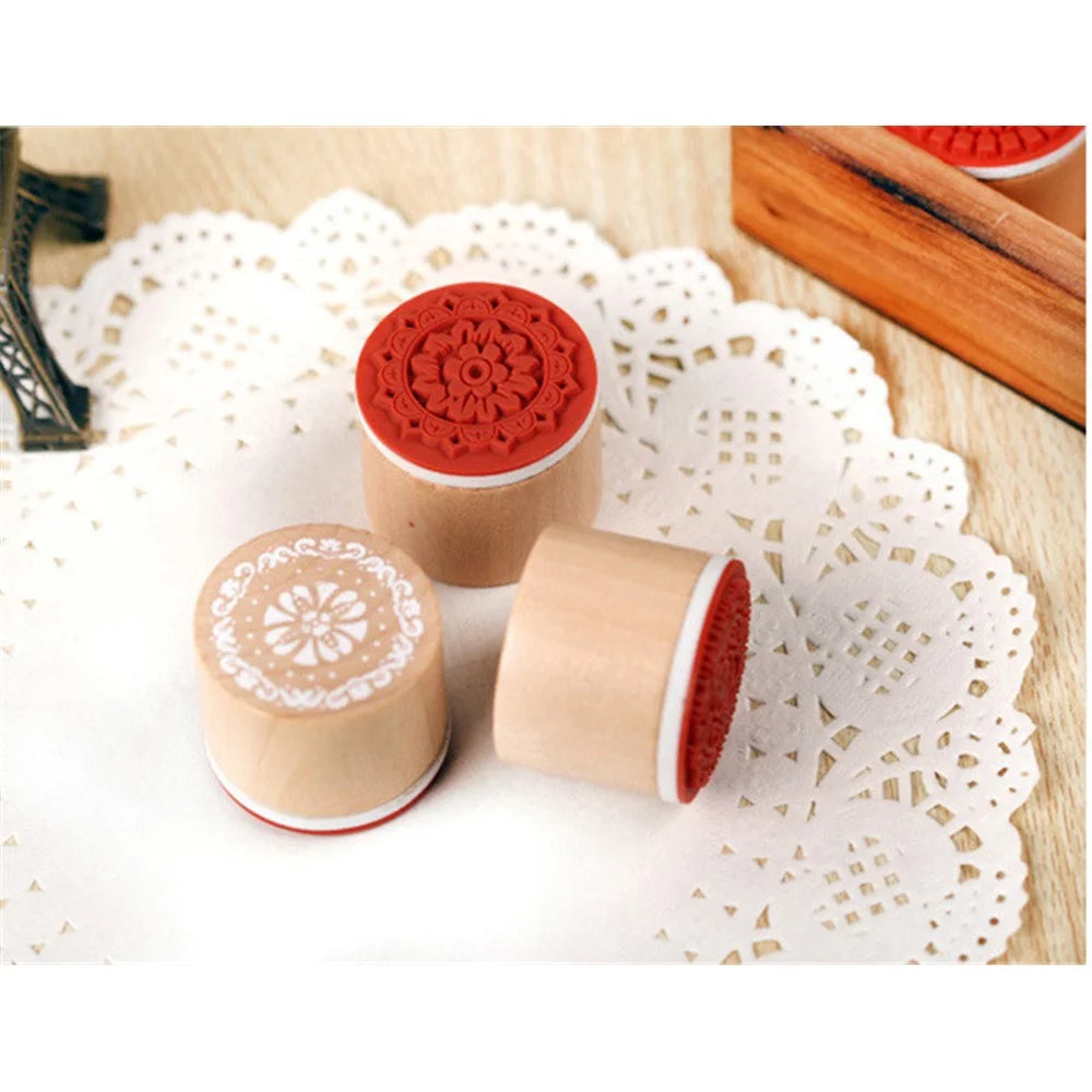6Pcs/Set Round Retro Wood Seals Stamps Lace Pattern Design - 7
