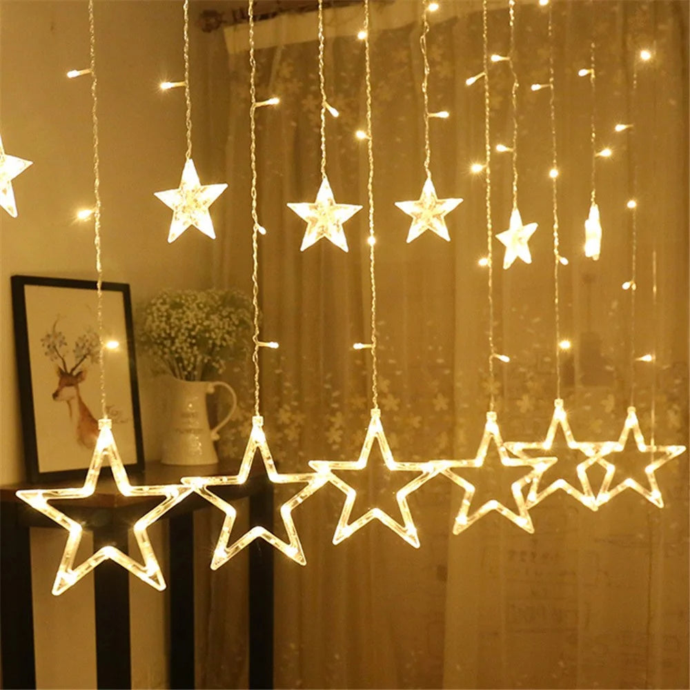 Curtain Light 12 Stars 138 Leds Drop Fairy String Light Waterproof Indoor Outdoor 8 Modes Decorative Lamp - Warm White Light - 1