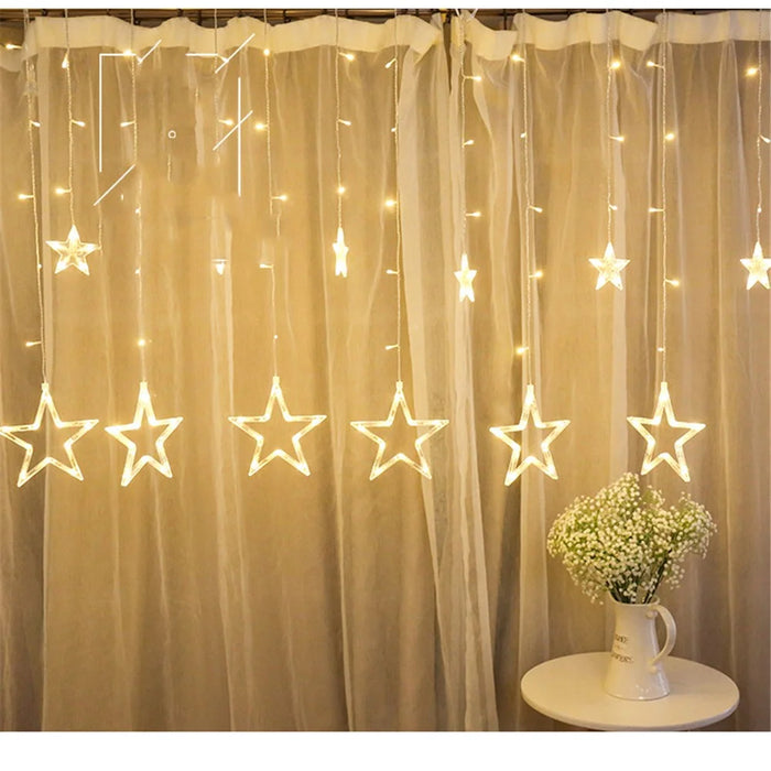 Curtain Light 12 Stars 138 Leds Drop Fairy String Light Waterproof Indoor Outdoor 8 Modes Decorative Lamp - Warm White Light - 4