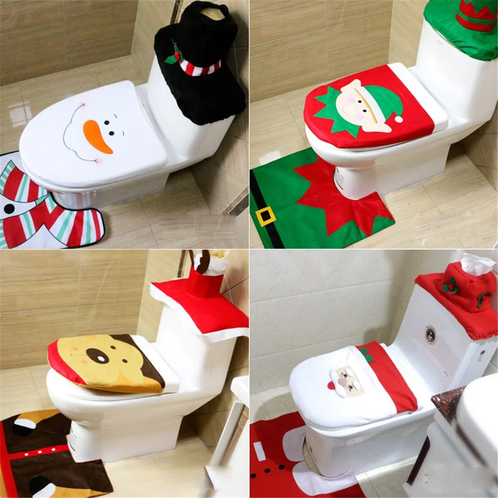 3Pcs Santa Claus Toilet Seat Cover and Rug Bathroom Set Christmas Decoration - 2