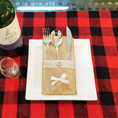 Christmas Burlap Lace Utensil Holder Silverware Cutlery Pouch Knife Fork Bag - Bowknot - 1