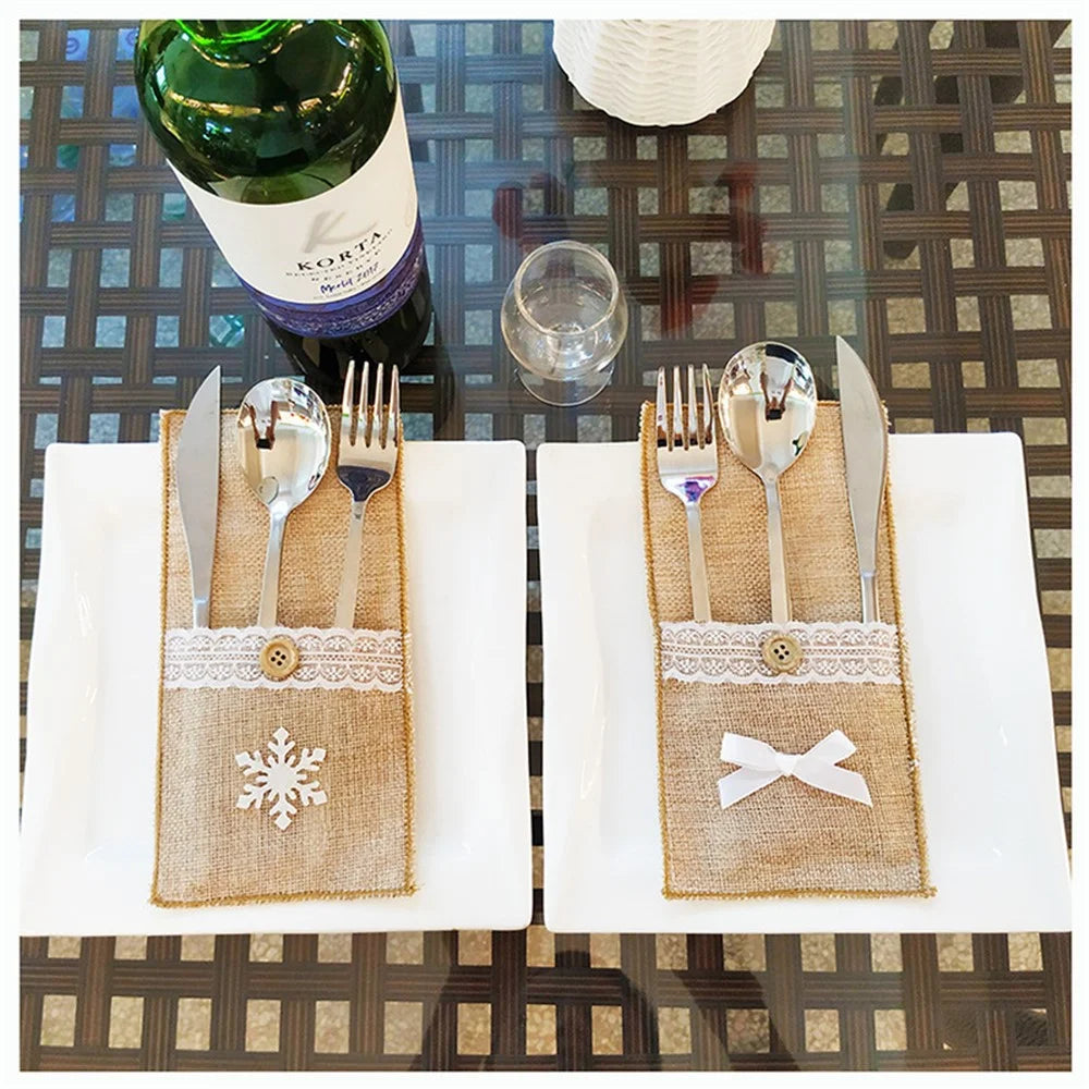 Christmas Burlap Lace Utensil Holder Silverware Cutlery Pouch Knife Fork Bag - Bowknot - 3