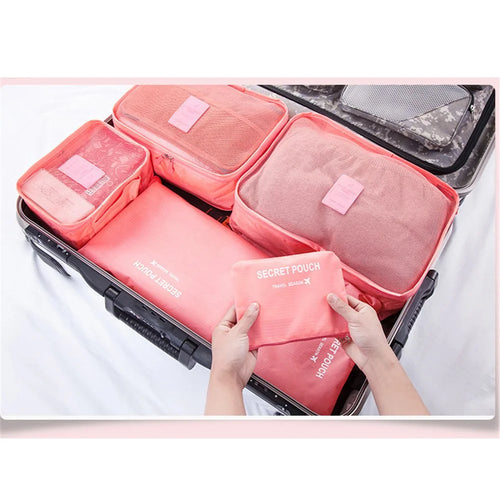 6PCS/Set Waterproof Storage Bags Travel Packing Luggage Organizer Large Medium Small Pouches - Watermelon Red - 1
