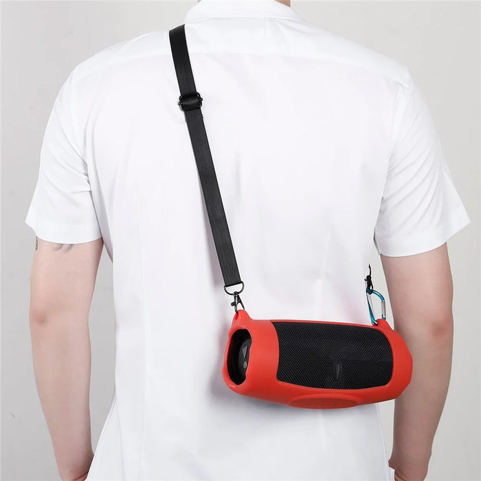 Silicone Carrying Case Bluetooth-compatible Speaker Protective Cover with Shoulder Strap Carabiner for JBL Charge 5 - Red - 2