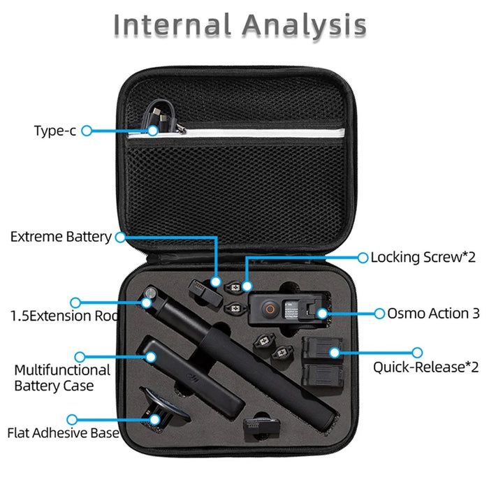 For DJI Osmo Action 3 / Action 4 / Action 5 Pro Portable Zipper Camera Protection Case EVA Hard Shell Handle Strap Camera Accessories Storage Bag - Black - 3