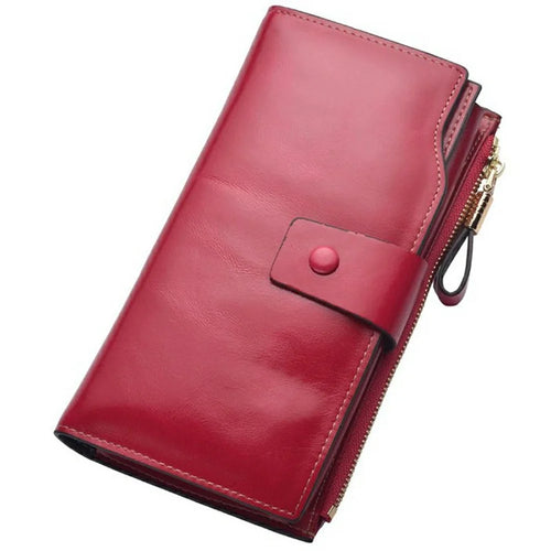 2003# Multi Card Slot Zipper Clutch Wallet Top Layer Cowhide Leather Vintage Style Purse for Women - Red - 1