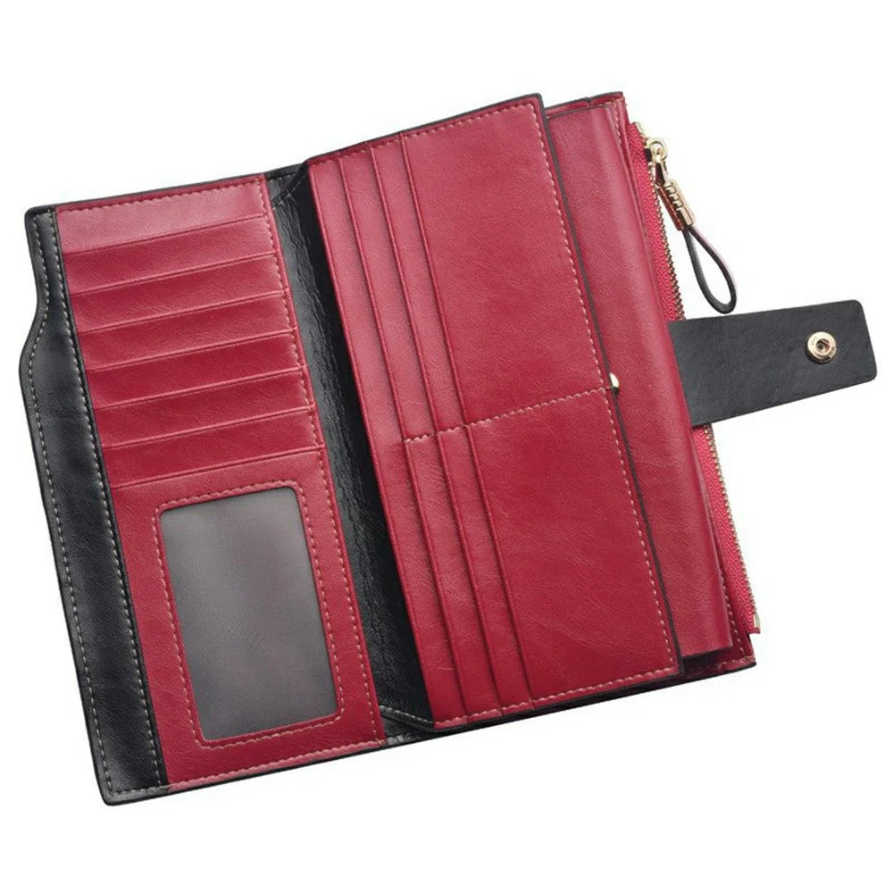 2003# Multi Card Slot Zipper Clutch Wallet Top Layer Cowhide Leather Vintage Style Purse for Women - Red - 2
