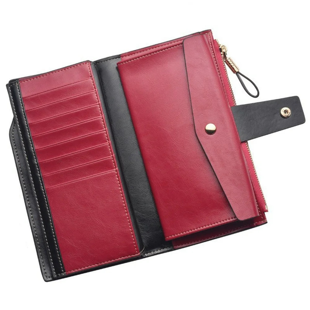 2003# Multi Card Slot Zipper Clutch Wallet Top Layer Cowhide Leather Vintage Style Purse for Women - Red - 3