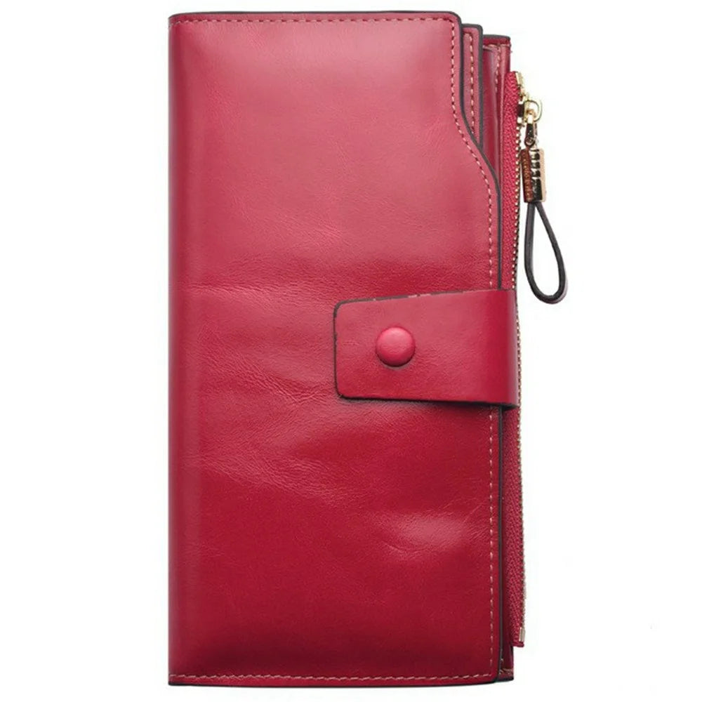 2003# Multi Card Slot Zipper Clutch Wallet Top Layer Cowhide Leather Vintage Style Purse for Women - Red - 4