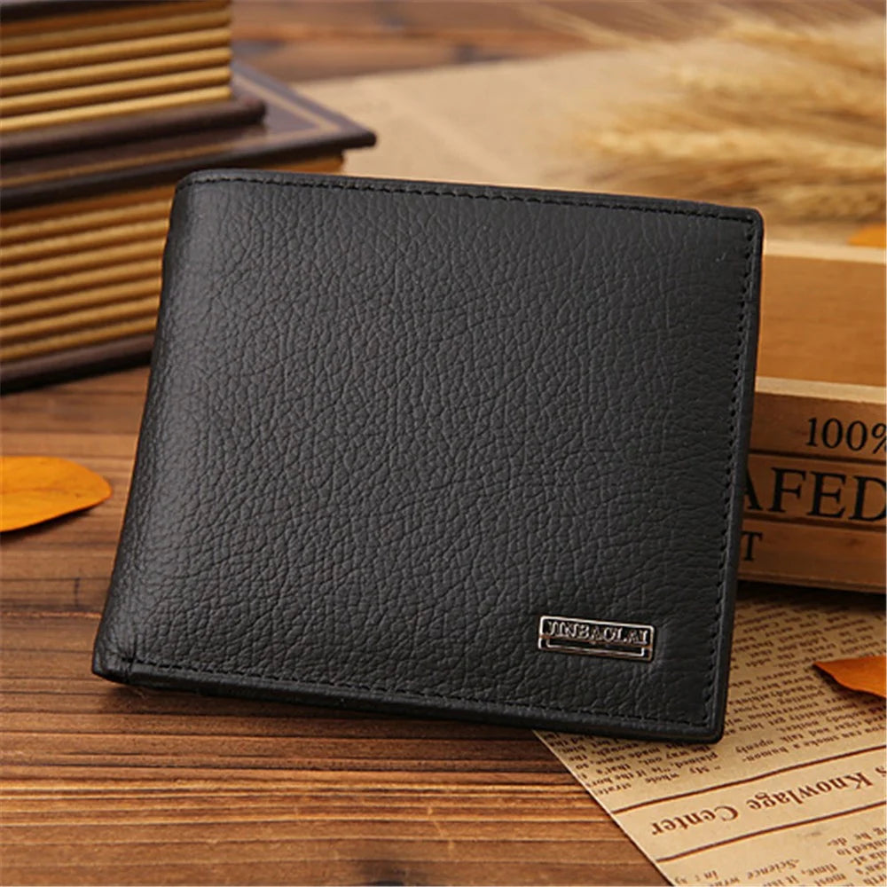 JINBAOLAI Top Layer Cowhide Leather Card Slots Bi-fold Wallet Coin Purse for Men - Black - 1