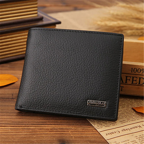 JINBAOLAI Top Layer Cowhide Leather Card Slots Bi-fold Wallet Coin Purse for Men - Black - 1