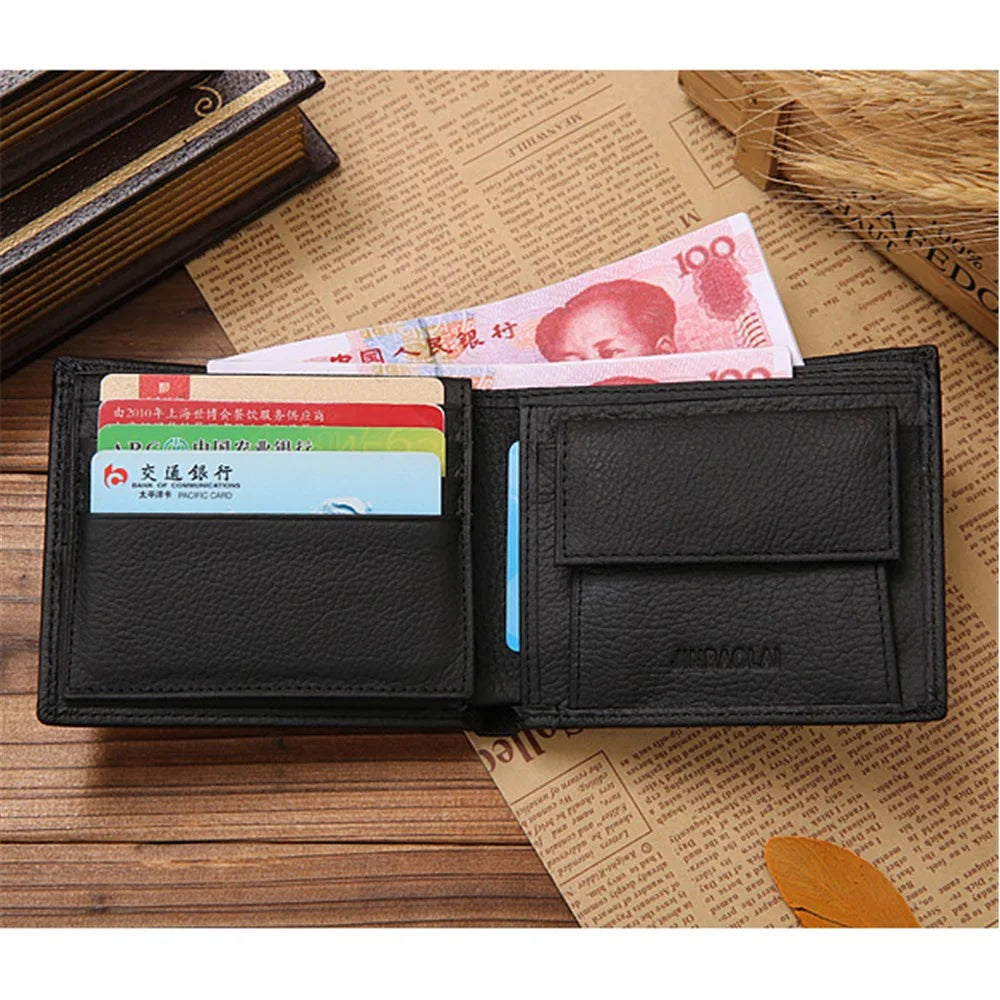 JINBAOLAI Top Layer Cowhide Leather Card Slots Bi-fold Wallet Coin Purse for Men - Black - 2