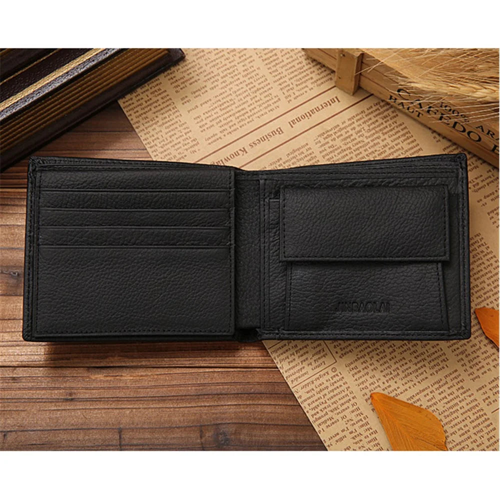 JINBAOLAI Top Layer Cowhide Leather Card Slots Bi-fold Wallet Coin Purse for Men - Black - 3