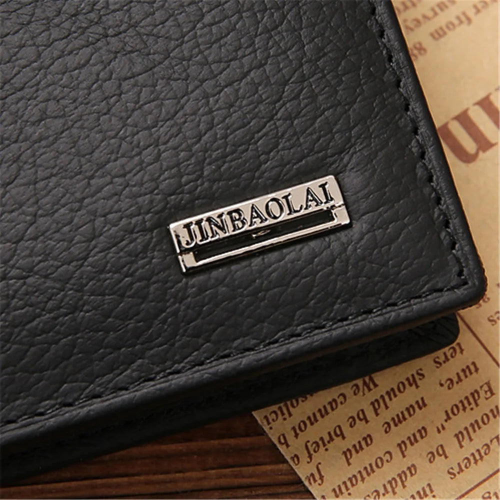 JINBAOLAI Top Layer Cowhide Leather Card Slots Bi-fold Wallet Coin Purse for Men - Black - 5