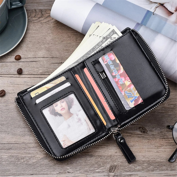 Casual Zipper Men Wallet Purse Leather Card Bag - Black - 5