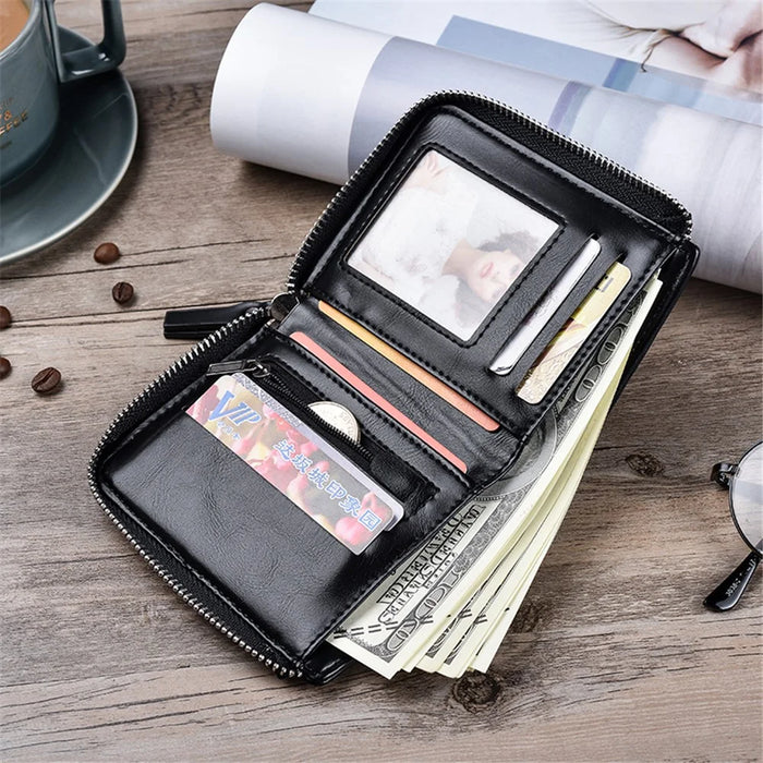 Casual Zipper Men Wallet Purse Leather Card Bag - Black - 7