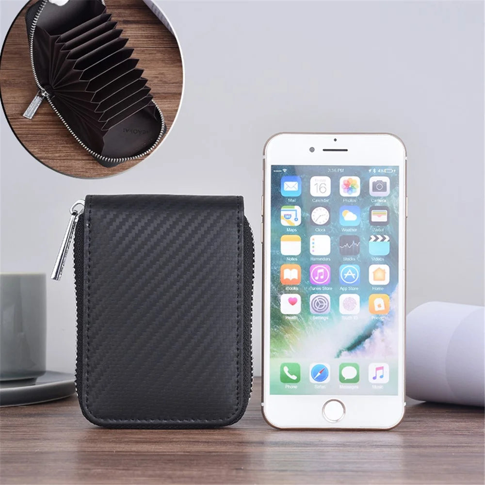 Men Credit Card Holder Leather Carbon Fiber Wallet - Vertical Style - 1