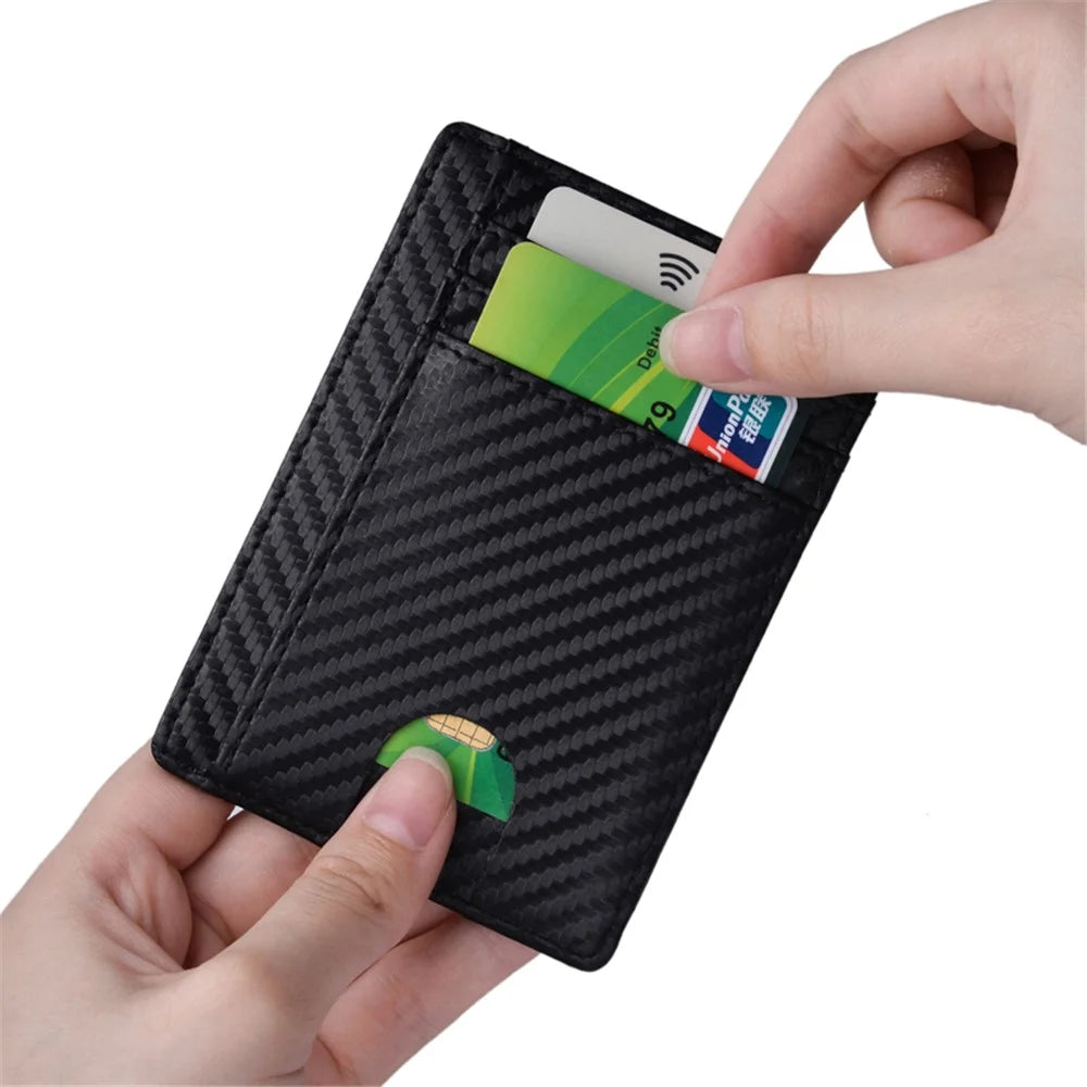 Carbon Fiber Texture Anti-magnetic RFID Genuine Leather Wallet Card Holder Bag Case - 1