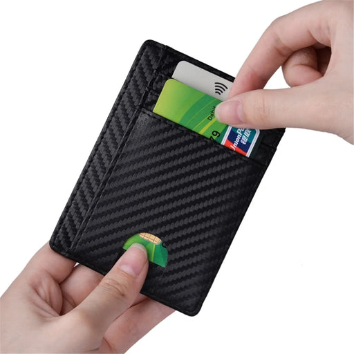 Carbon Fiber Texture Anti-magnetic RFID Genuine Leather Wallet Card Holder Bag Case - 1