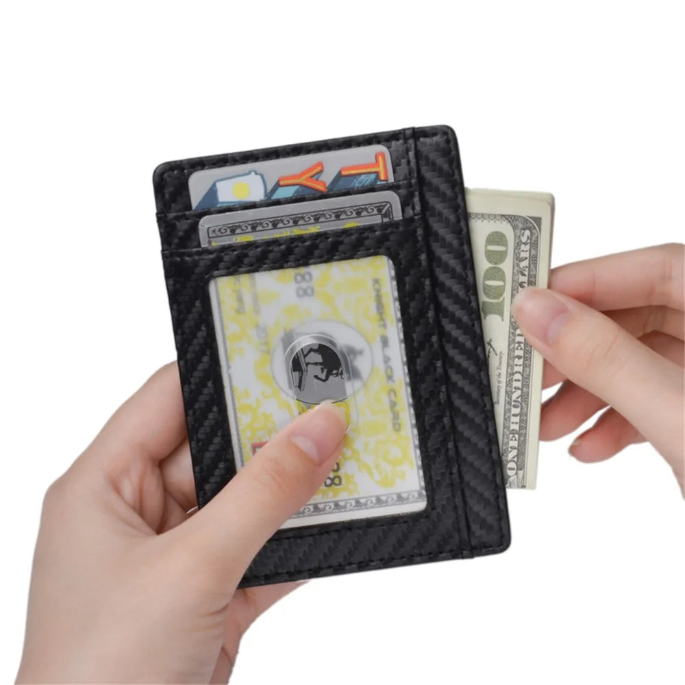 Carbon Fiber Texture Anti-magnetic RFID Genuine Leather Wallet Card Holder Bag Case - 5