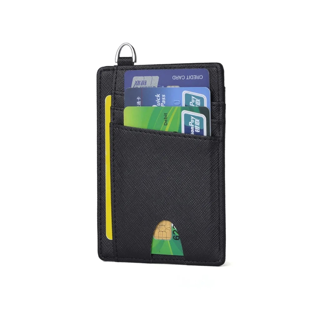 Cross Skin Anti-magnetic RFID ID Card Bank Card Anti-Theft Swiping Wallet Pocket Bus Card Bag with Ring - Black - 1