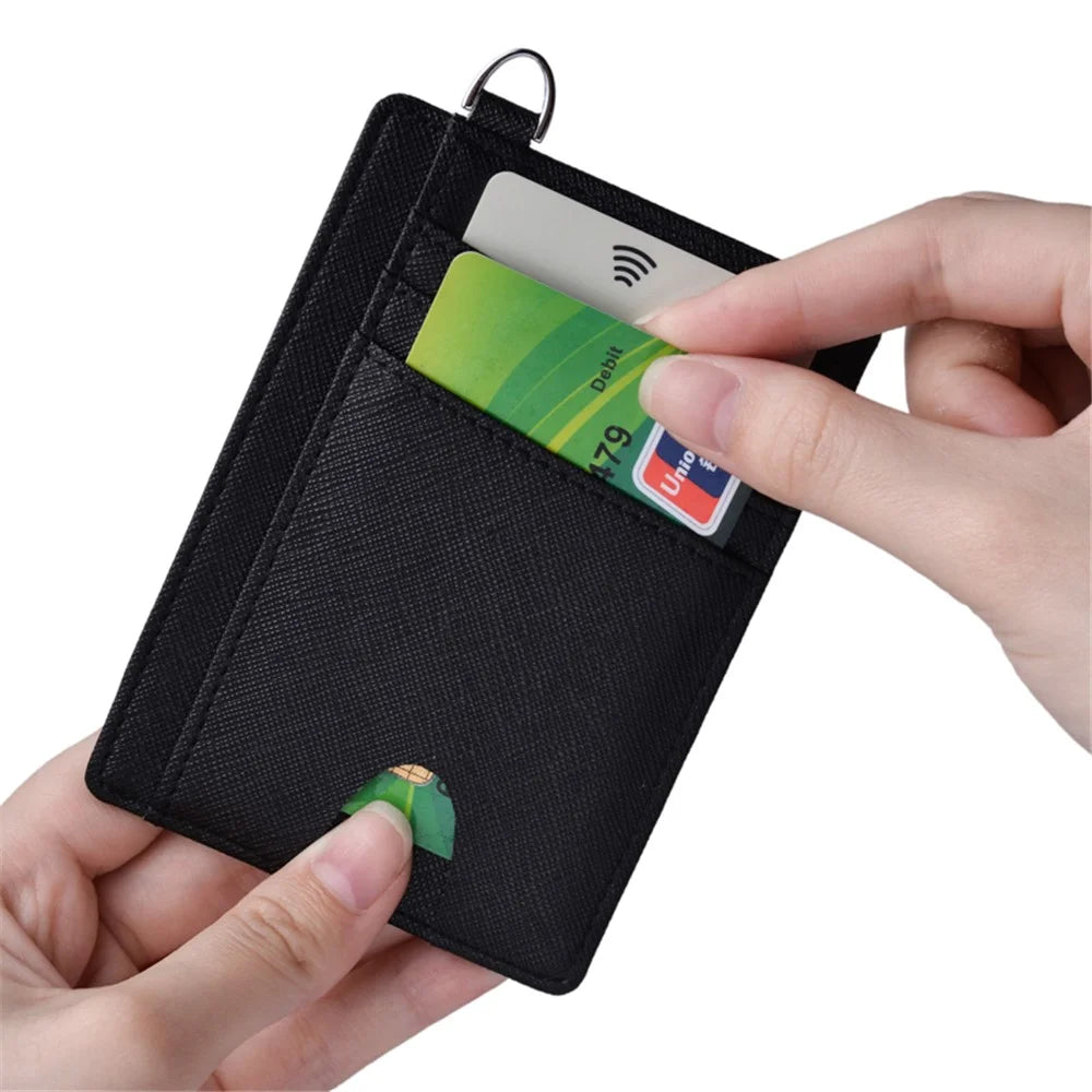Cross Skin Anti-magnetic RFID ID Card Bank Card Anti-Theft Swiping Wallet Pocket Bus Card Bag with Ring - Black - 4