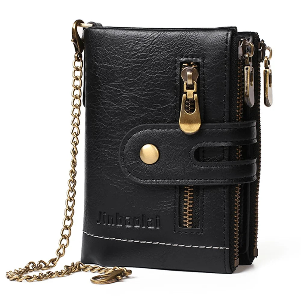 Retro Double Zipper Multi Card Slots Wallet Snap Button Coin Purse with Metal Chain - Black - 1