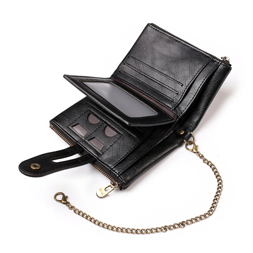 Retro Double Zipper Multi Card Slots Wallet Snap Button Coin Purse with Metal Chain - Black - 4
