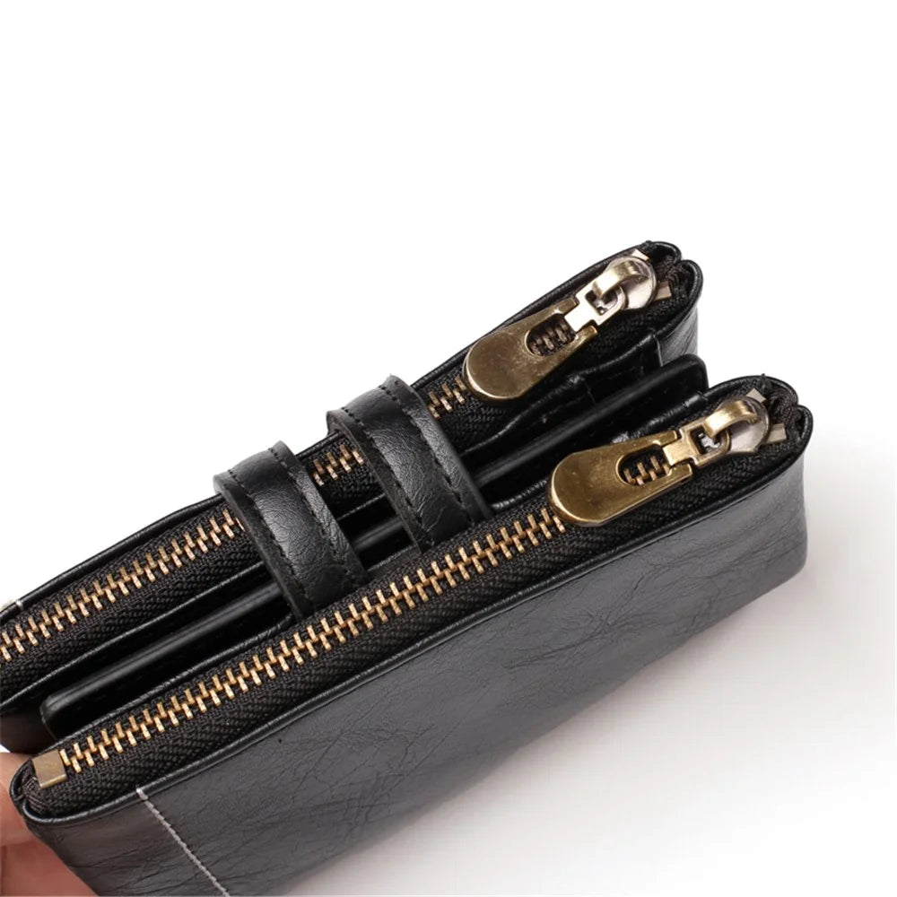 Retro Double Zipper Multi Card Slots Wallet Snap Button Coin Purse with Metal Chain - Black - 6