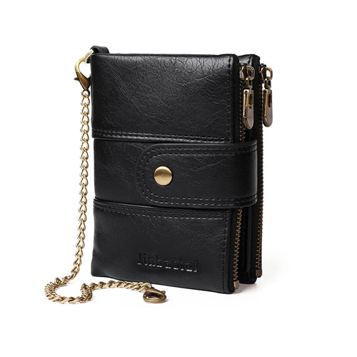Multi Card Slots Zipper Pouch Wallet Snap Button Design PU Leather Coin Purse with Metal Chain - Black - 1