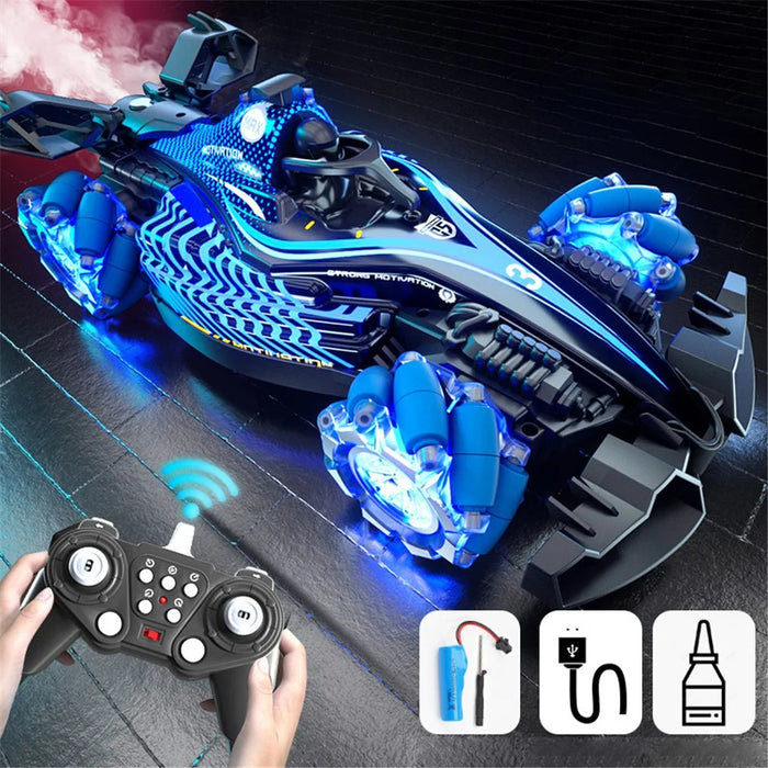 Q186 4WD Remote Control Car 360 Degree Drift Stunt RC Toy with Spray and LED Light - Blue - 1