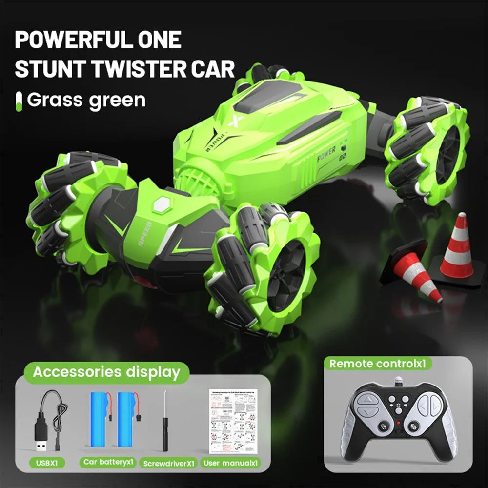 Q177 RC Stunt Twister Car Music Light Kids 2.4G Remote Control Four Wheel Car Toy, 2 Batteries - Green - 2