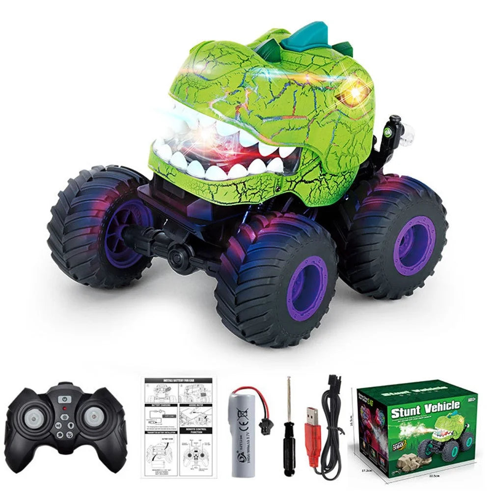 KY-S203A Cracked Pattern 1 / 20 Remote Control Toy Car Light Music Mist Spray Function Dinosaur Head Stunt Car - Green - 1