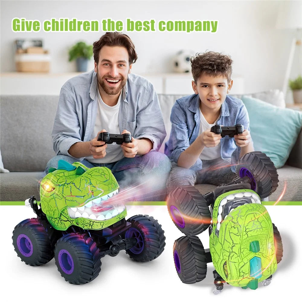 KY-S203A Cracked Pattern 1 / 20 Remote Control Toy Car Light Music Mist Spray Function Dinosaur Head Stunt Car - Green - 6